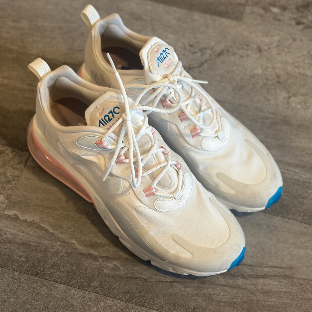 Nike Air Max 270 React Cream Sneakers with Blue and Pink Accents